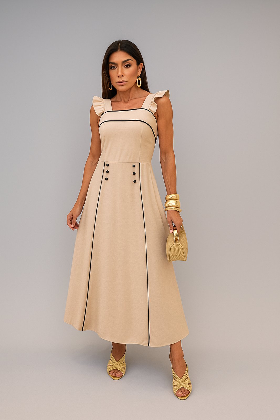 Vestido Longo D Bell Outlet Fashion Alça Creme