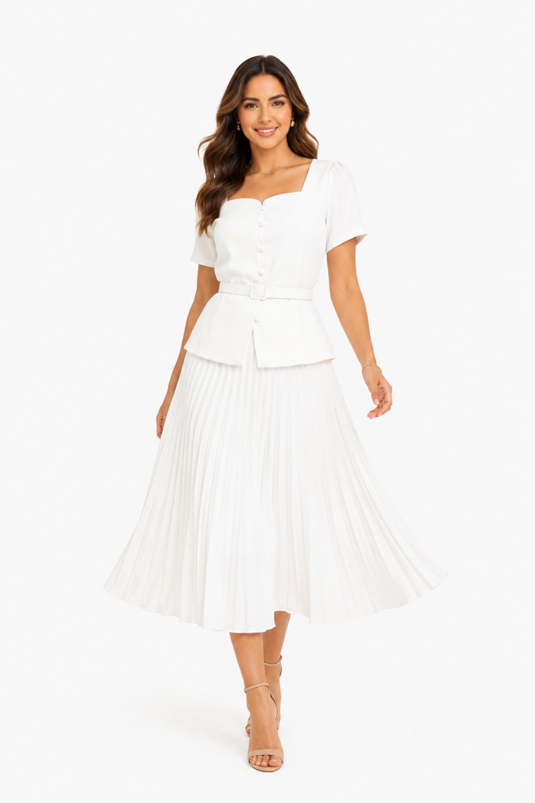 Conjunto Saia Midi D Bell Outlet Fashion Plissada Branco