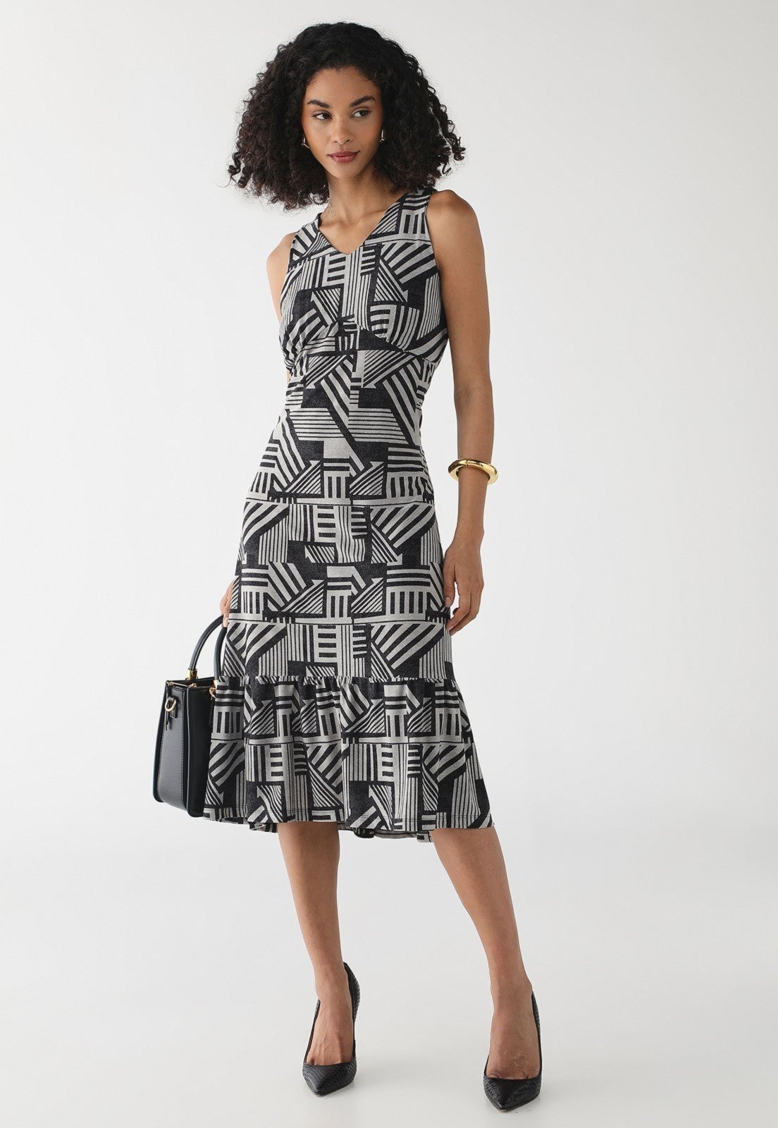 Vestido Feminino Pompier Midi Regata em Malha Estampada Preto