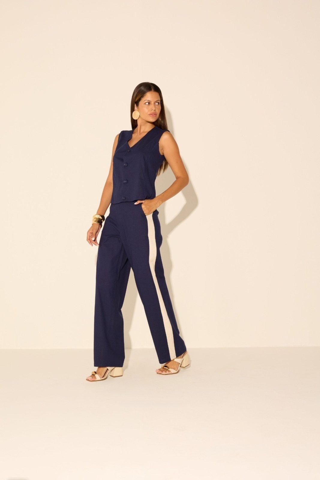 Calça Vanibele Linho Azul Marinho