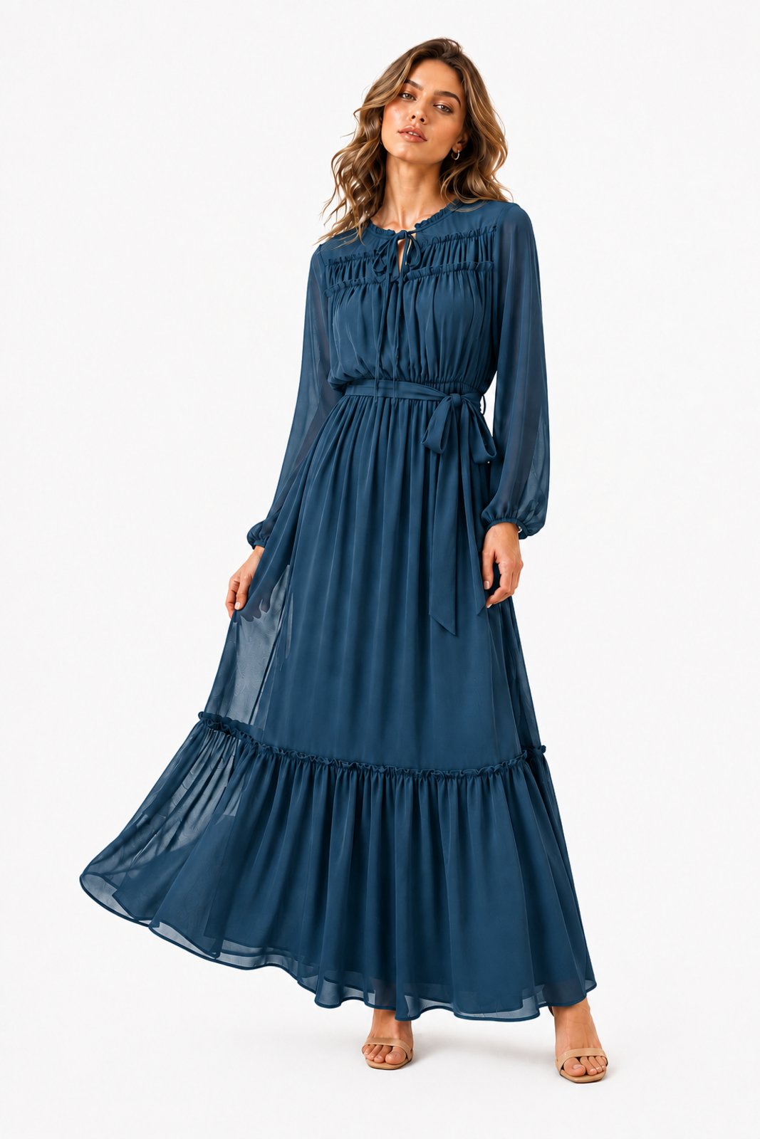 Vestido Longo D Bell Outlet Fashion Chiffon Boho Chic Azul