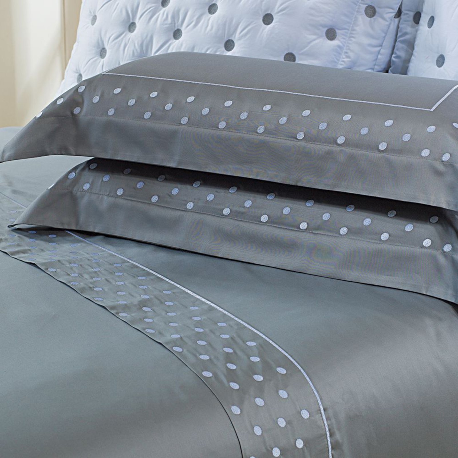 Jogo Cama Lençol Casa Scarpa Garland Queen Bordado Algodão Acetinado 400 Fios 4 Peças - Cinza