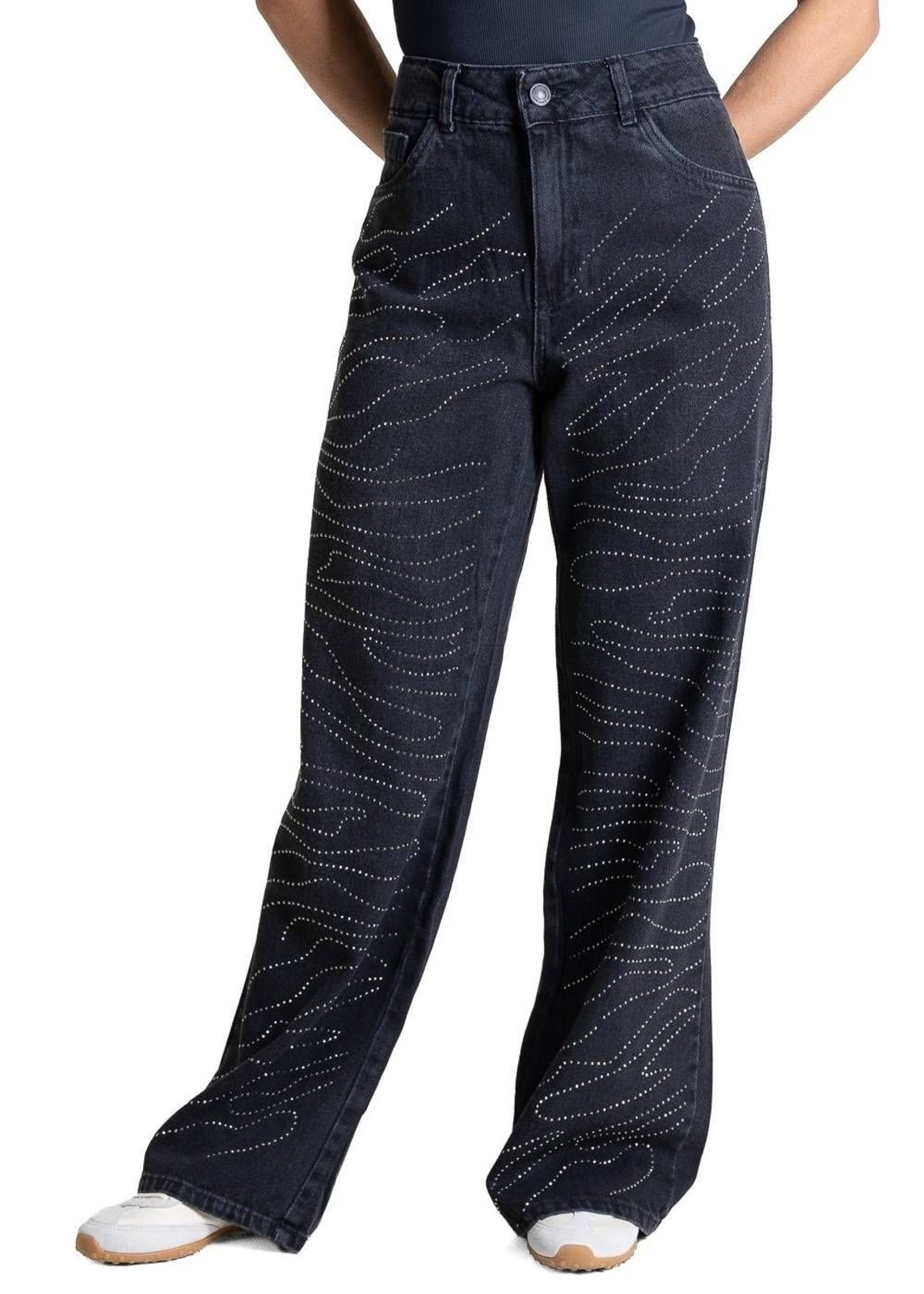 Calça Jeans Sawary Wide Leg Petit Brilho - 283523 - Preto - Sawary