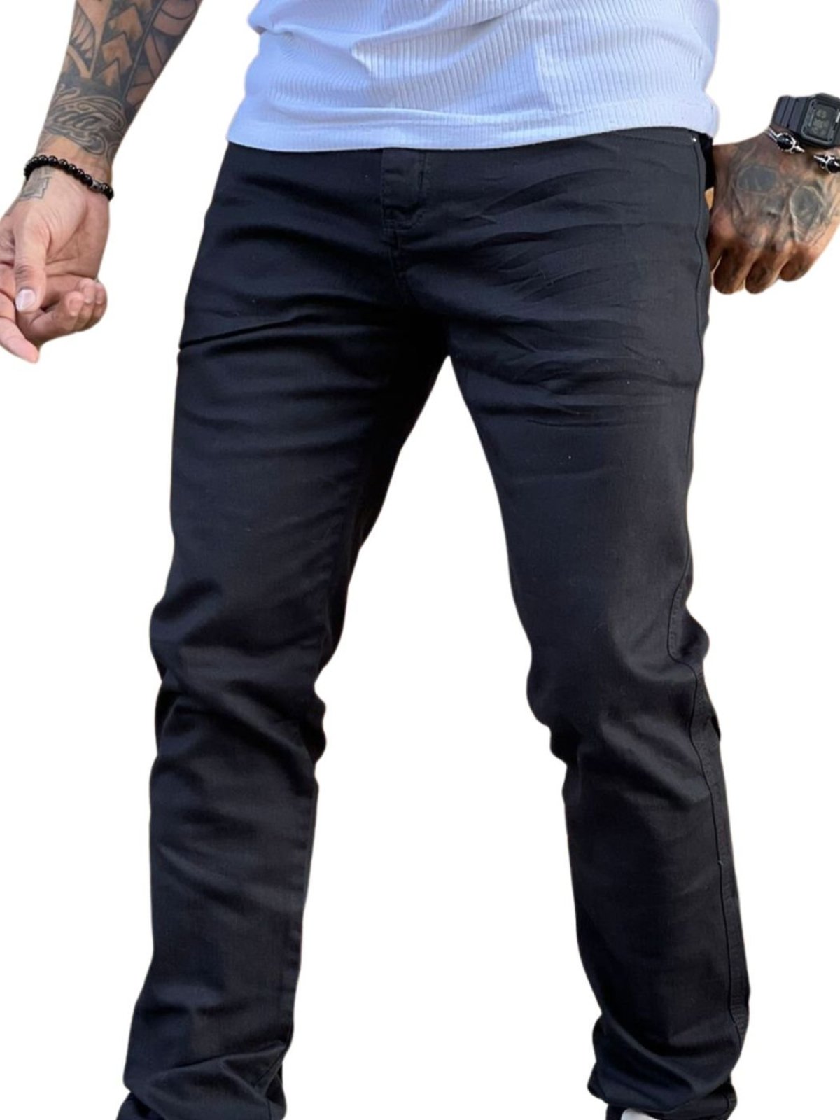 Calça Masculina Jeans Light Preta Sarja Perna Justa