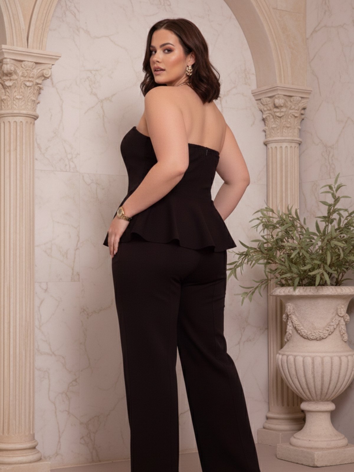 Vista 3 Conjunto Blusa Peplum Decote Reto Linho Misto e Calça Cintura Alta Social em Linho Misto Plus Size FS CONCEPT bege FS CONCEPT bege