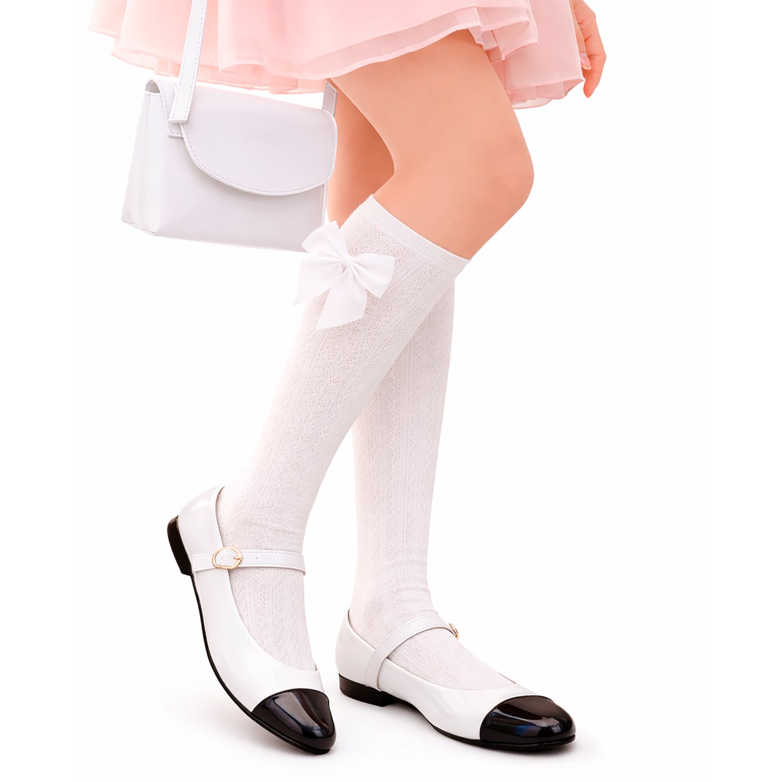 Infantil - Kit Sapatilha Branca Menina Com Meia Cano Alto e Bolsa Lateral Pepite