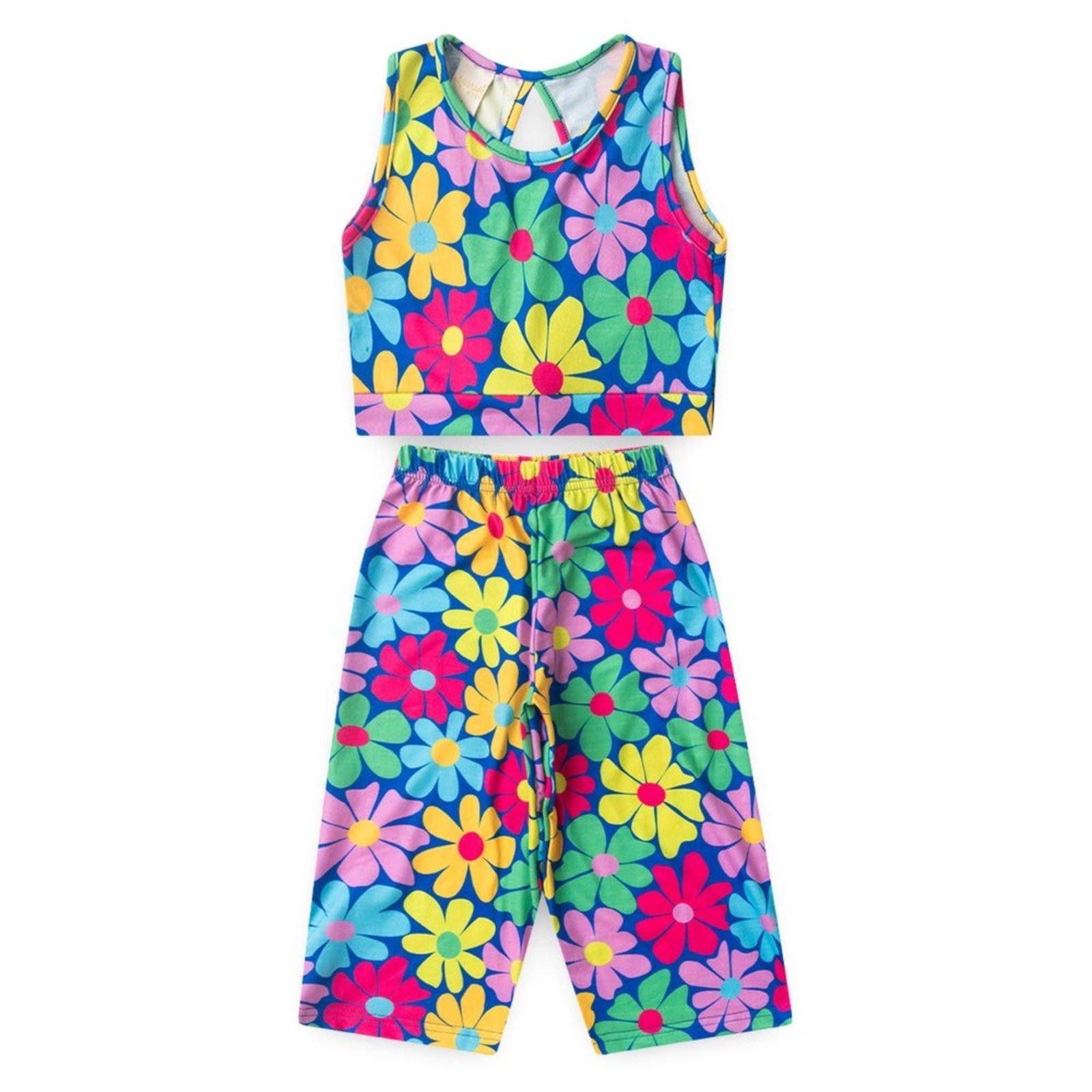 Vista 3 Infantil - Conjunto Molekada Verão Menina Royal Cropped Com Amarração nas Costas e Calça Pantacourt Florido azul royal Molekada azul royal