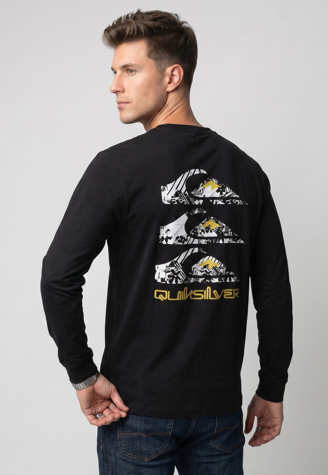Camiseta Manga Longa Masculina Quiksilver Logo Preta
