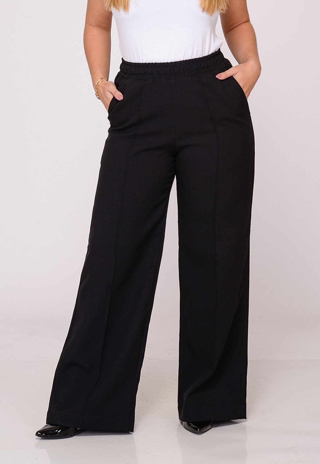 Calça Wide Leg Feminina Cintura Alta Elastico Preto