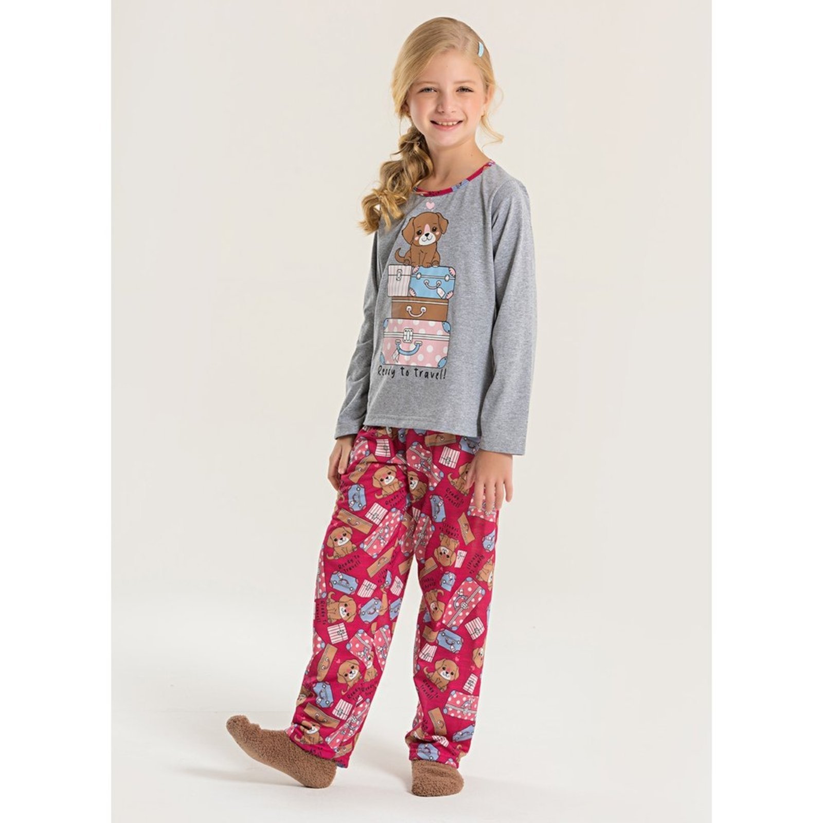 Pijama Longo Menina Mescla Blusa e Calça Cachorrinho Viajante