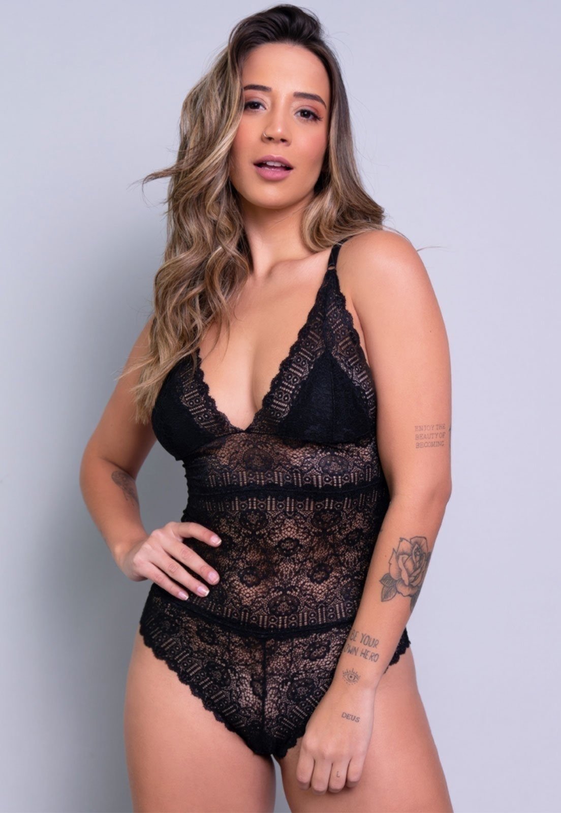 Body Feminino Serra e Mar Modas Sexy Renda Transparente Preto