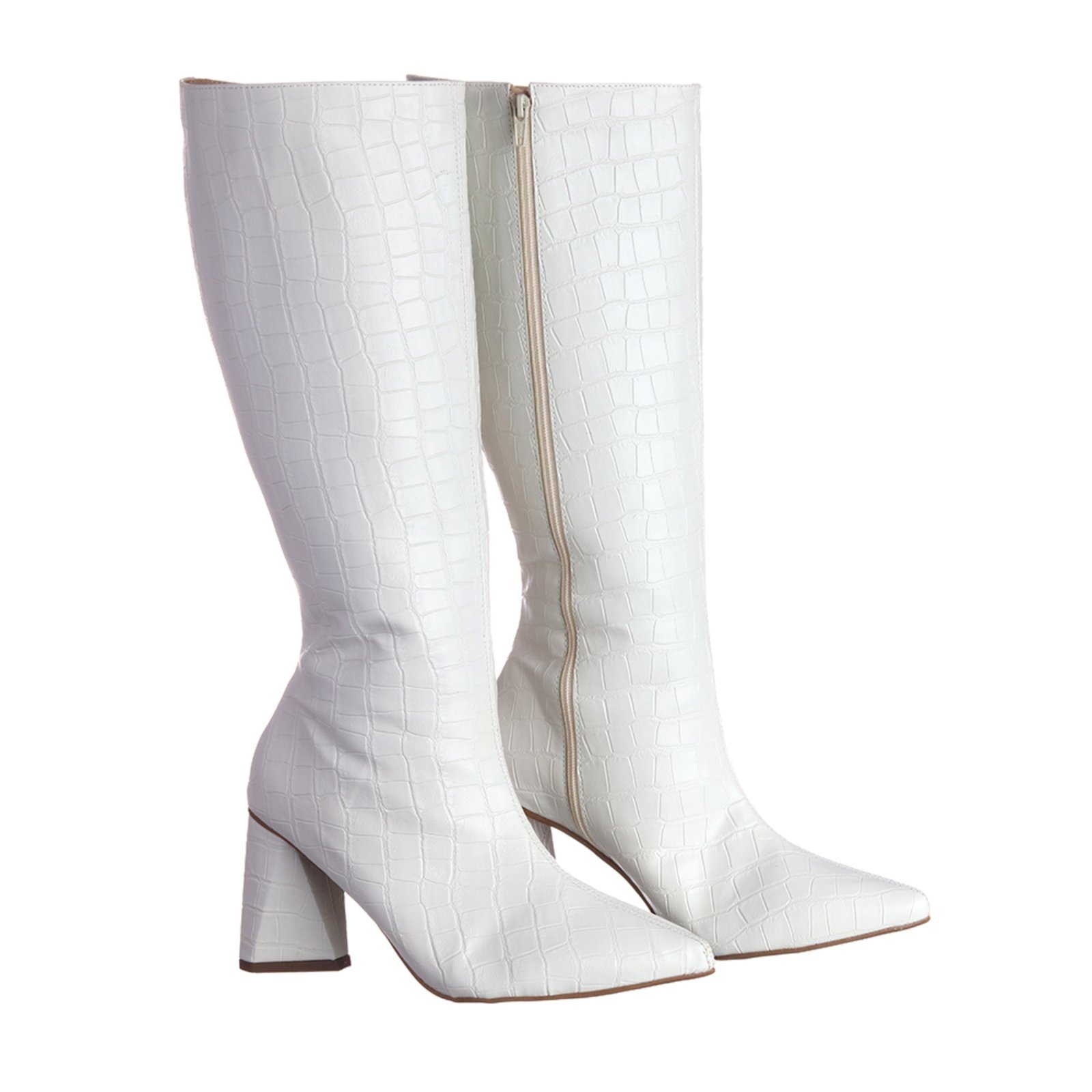 Bota Feminina Cano Longo Salto Triângulo Tendência 23020 Croco Off White