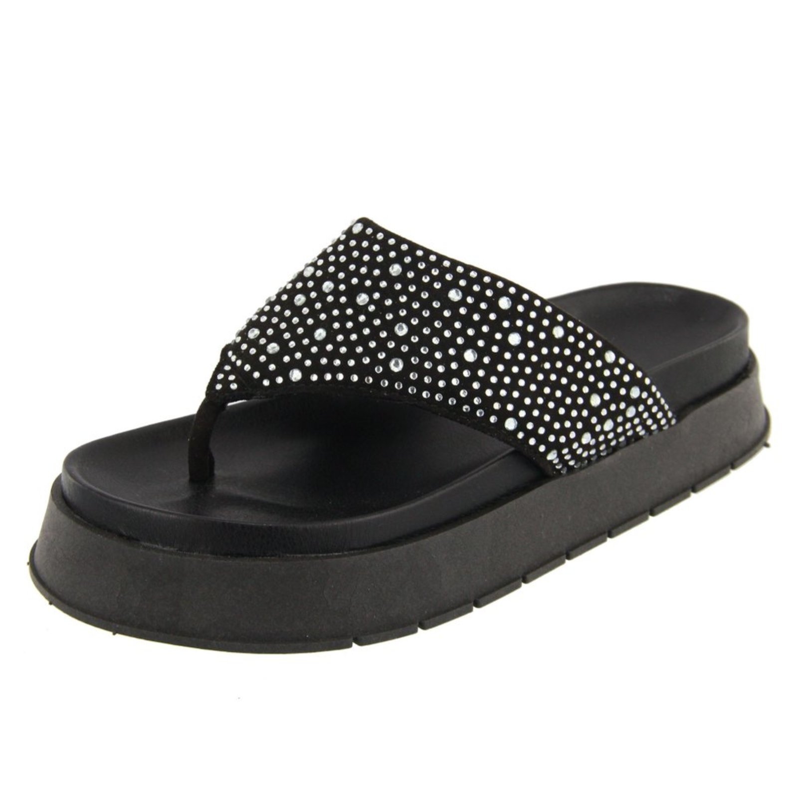 Sandália Papete Flatform de Dedo Strass Brilho Macia Blogueira Agnes Veronez Preto
