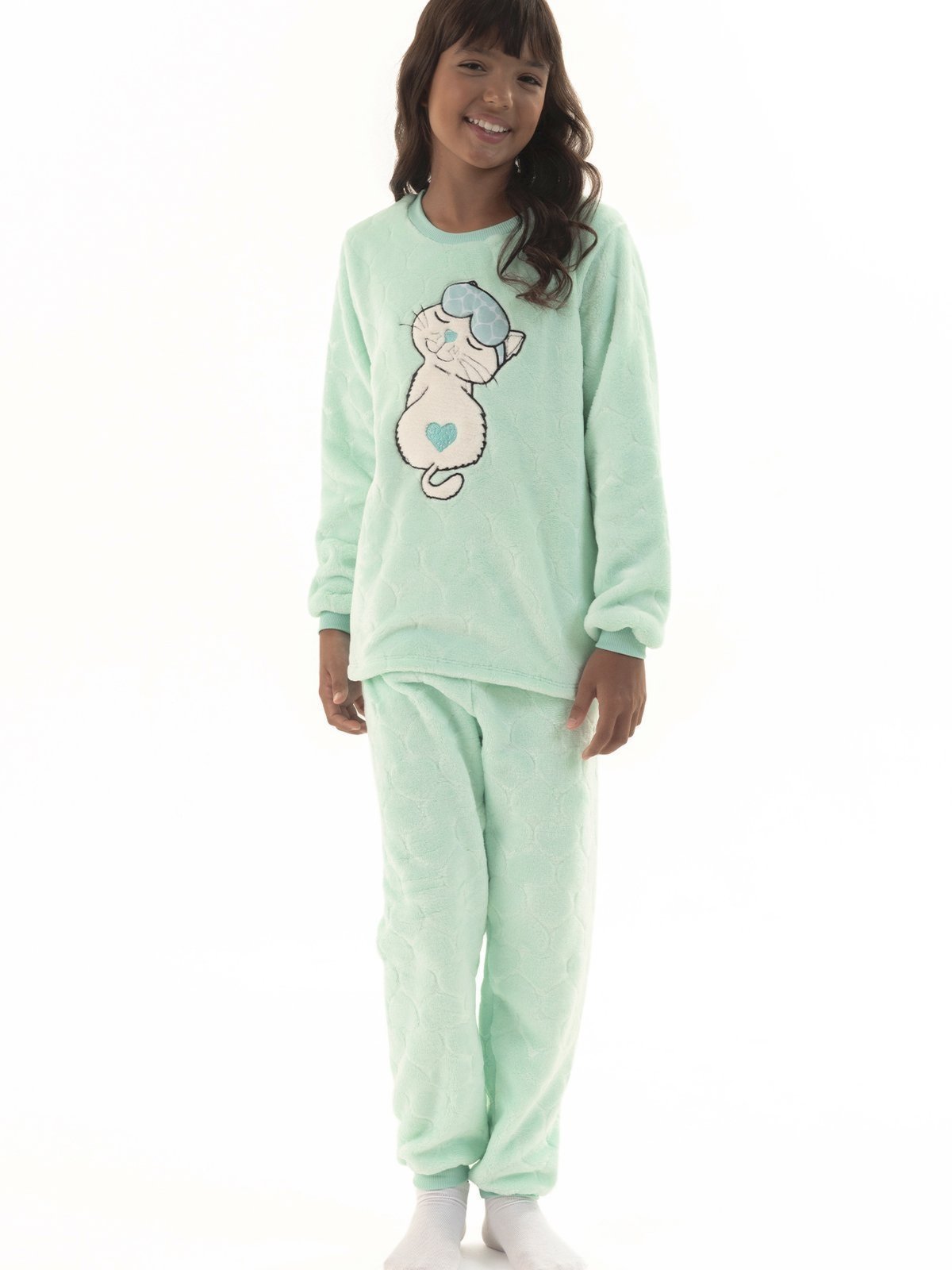 Pijama de Inverno Longo em Soft Fleece Menina Verde Felino