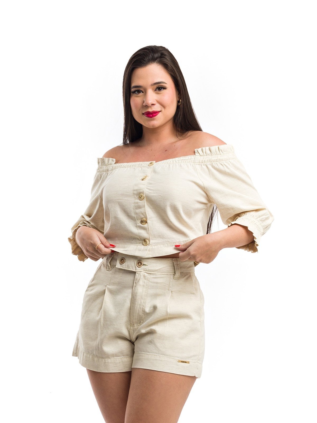 Cropped Blusa Restrito Jeans De Linho Com Mangas Ciganinha – Bege