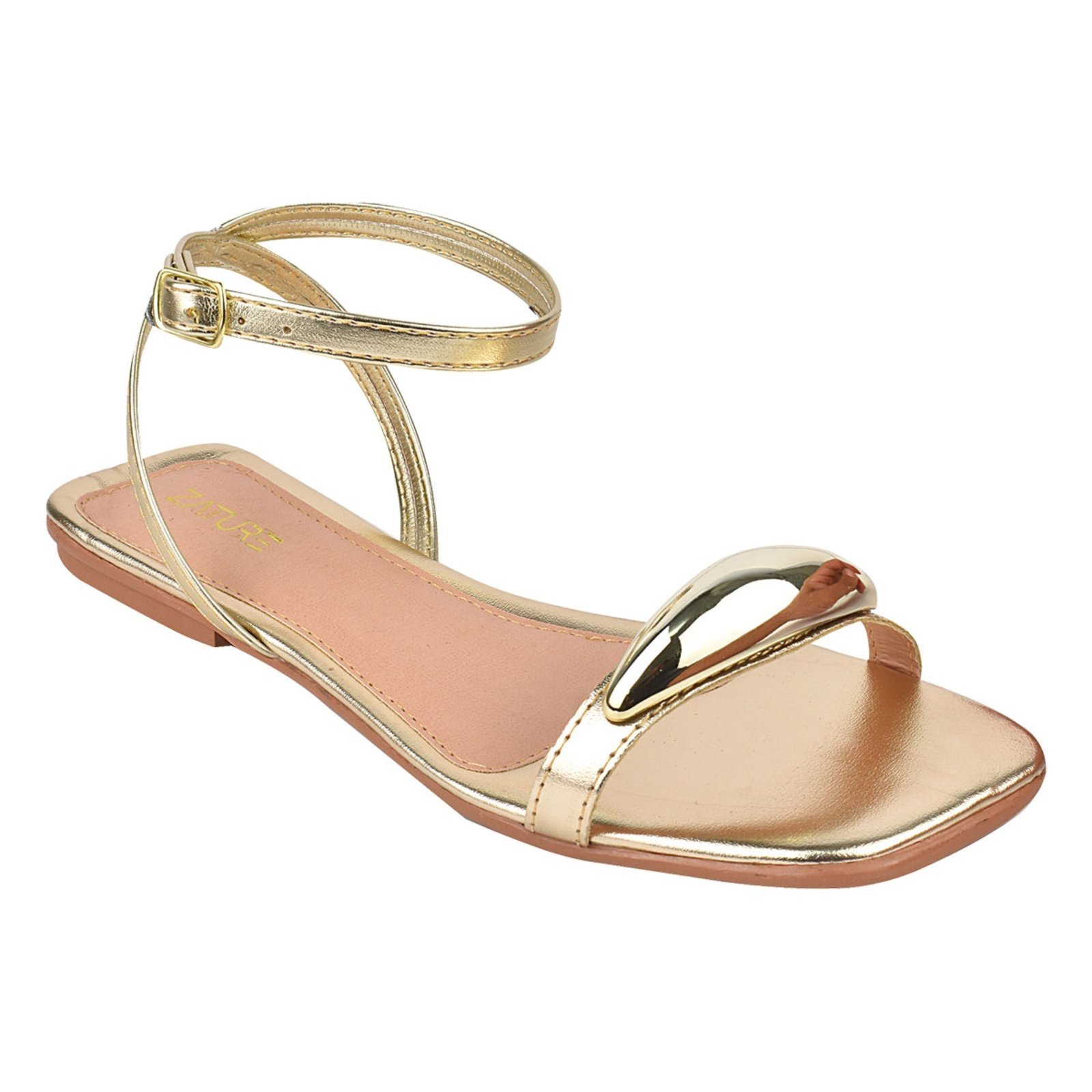 Vista 3 Sandália Feminina Rasteira de Fivela Confortável com Tira em ABS para o Verão Ouro ZATURE STORES ouro velho ZATURE STORES ouro velho
