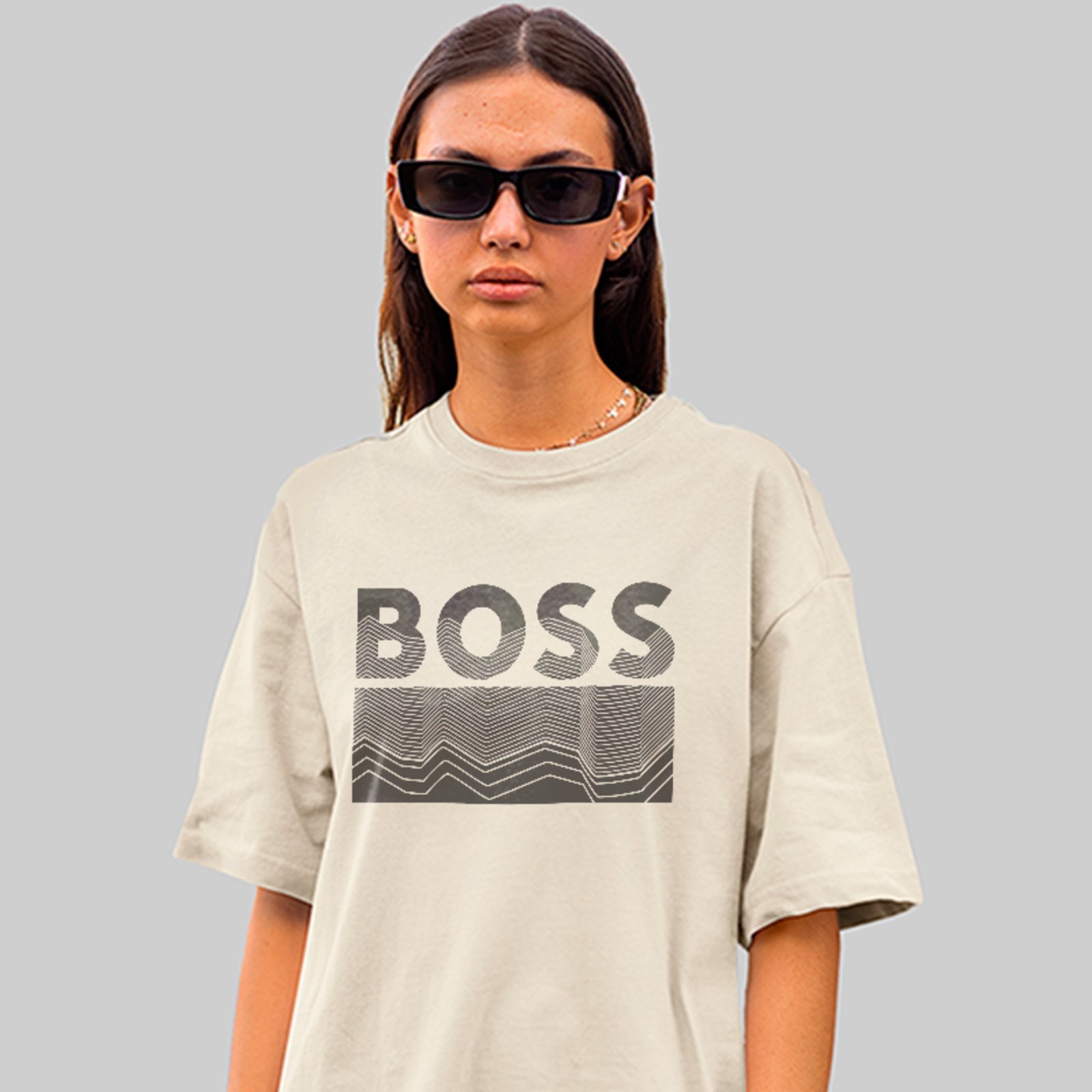 Vista 3 Camiseta Oversized Boss Estética Moderna Casual Luxo Off White ousy off-white white ousy off-white white