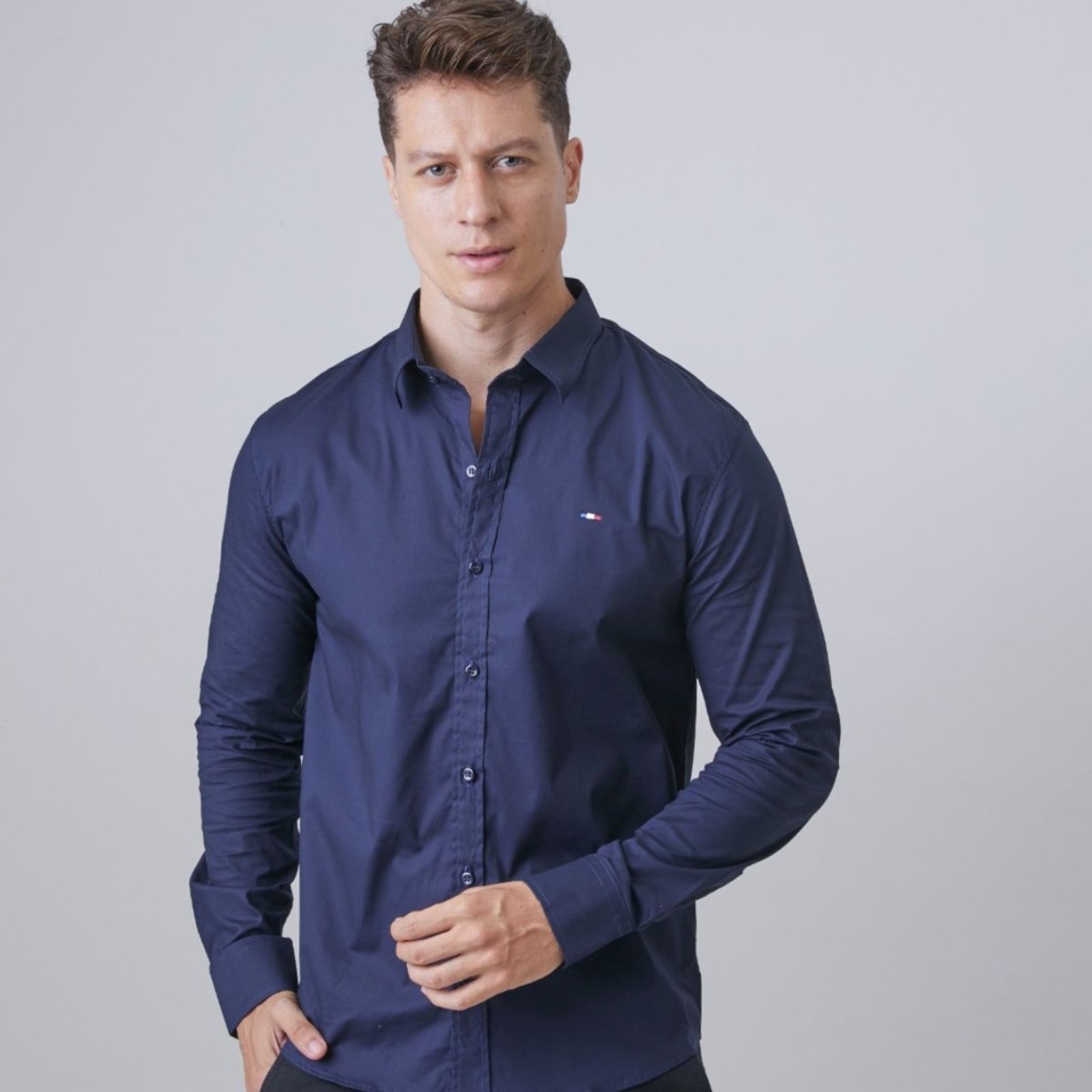 Camisa Social Masculina Vih Triny Marinho Itália Premium Slim Fit Manga Longa