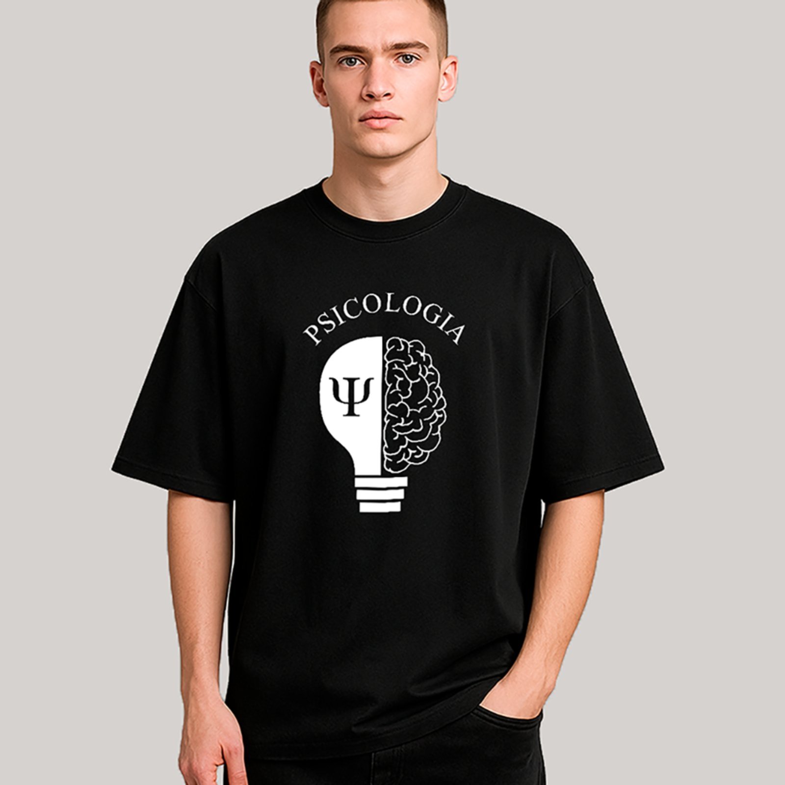 Vista 2 Camiseta Ousy Unissex Profissão Psicologia Visual Impactante Símbolo Psi Oversized preto ousy preto