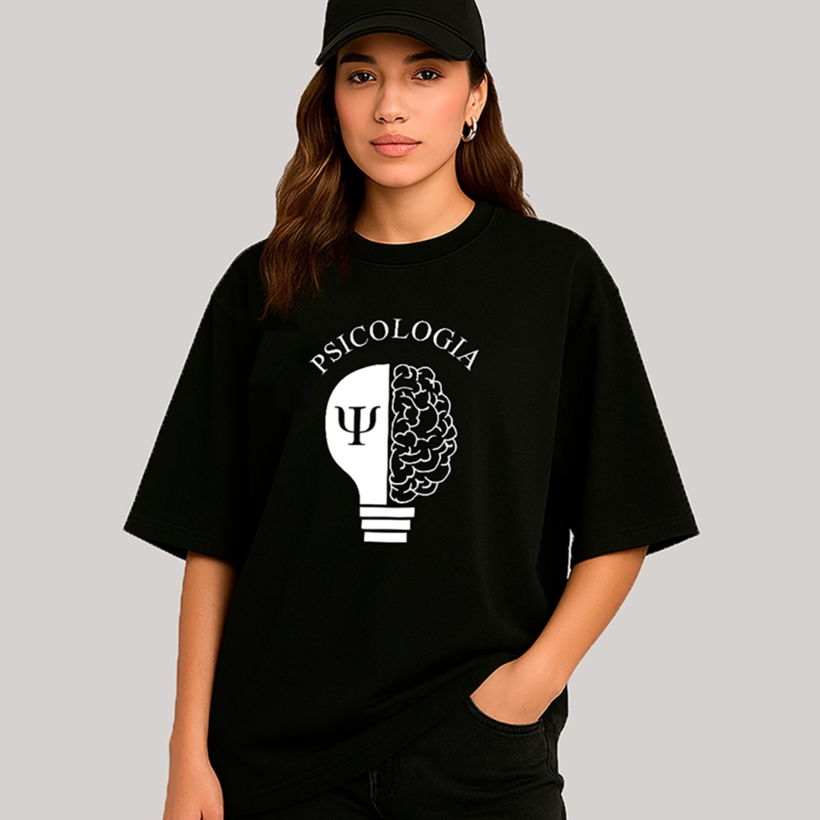 Vista 3 Camiseta Ousy Unissex Profissão Psicologia Visual Impactante Símbolo Psi Oversized preto ousy preto