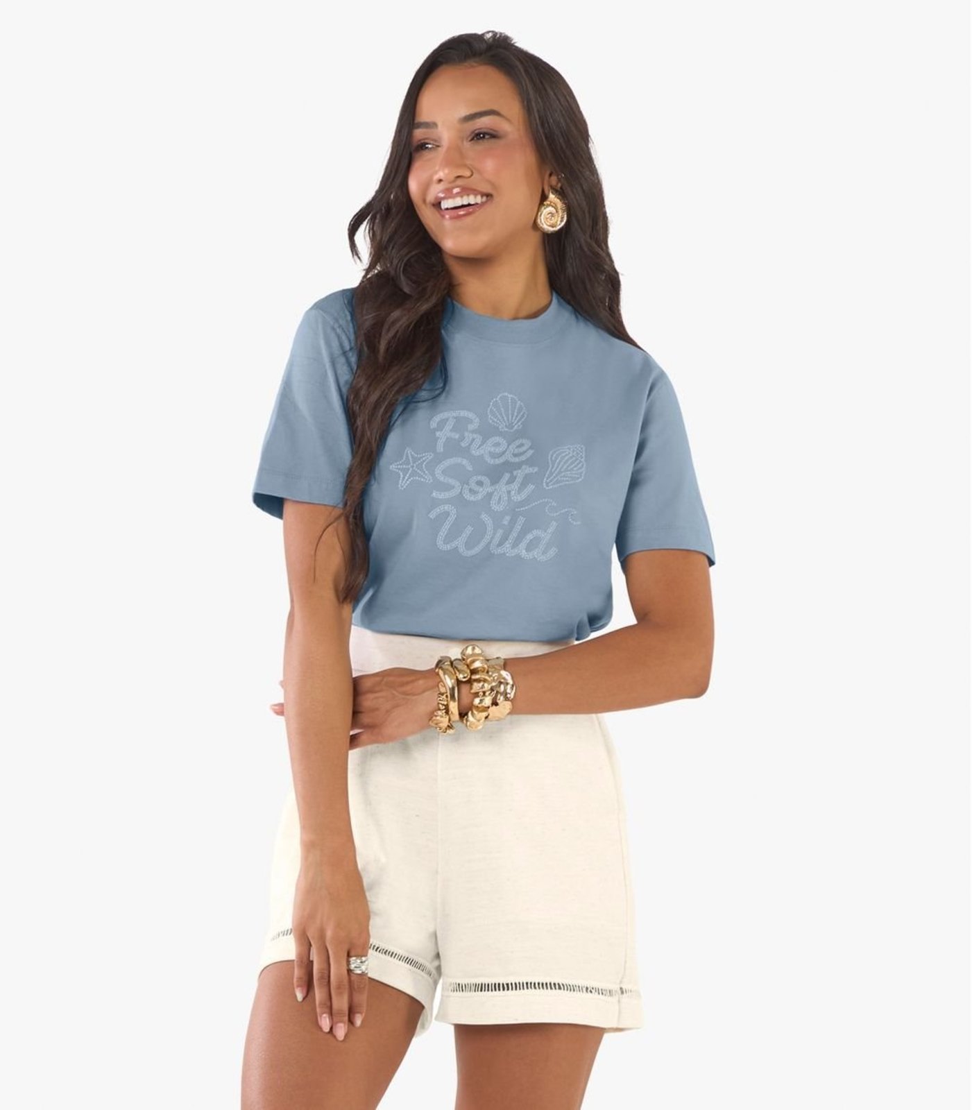 Camiseta Feminina Meia Malha Com Estampa Rovitex Azul