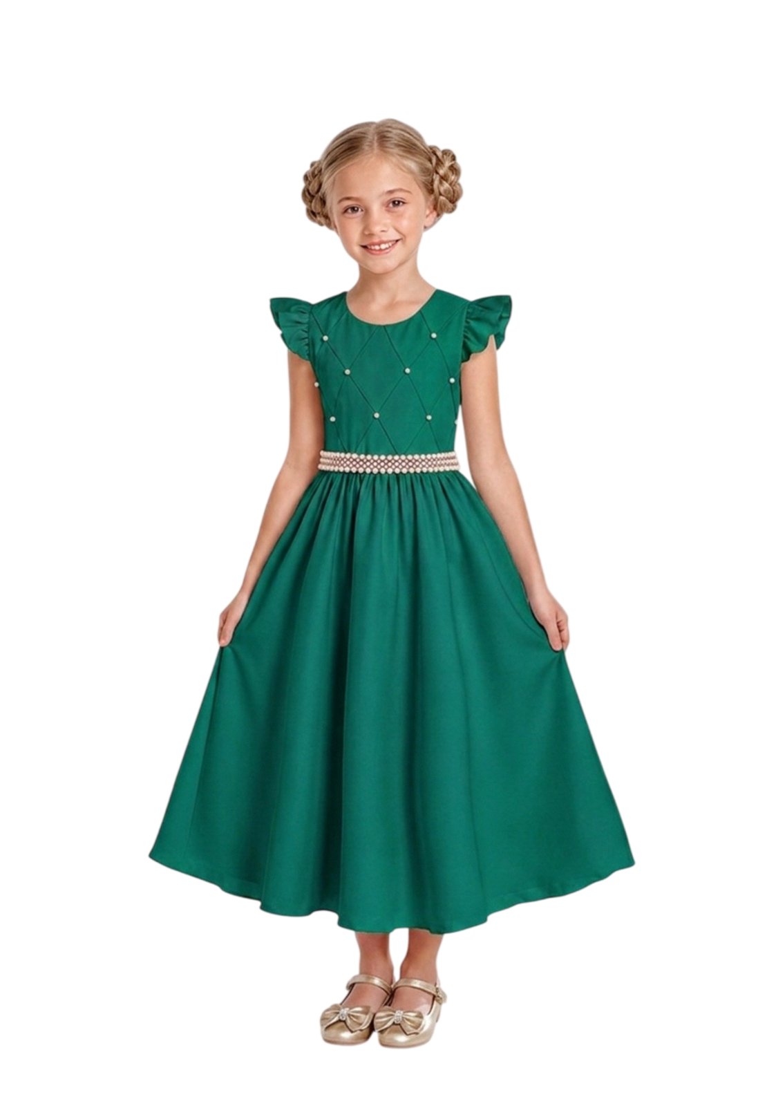 Infantil - Vestido Longo Social Verde Esmeralda Bandeira Festa Formatura Casamento Pérolas Dama Daminha Menina Juvenil Juvenil Princesa Rodado Florista Aniversário Luxo
