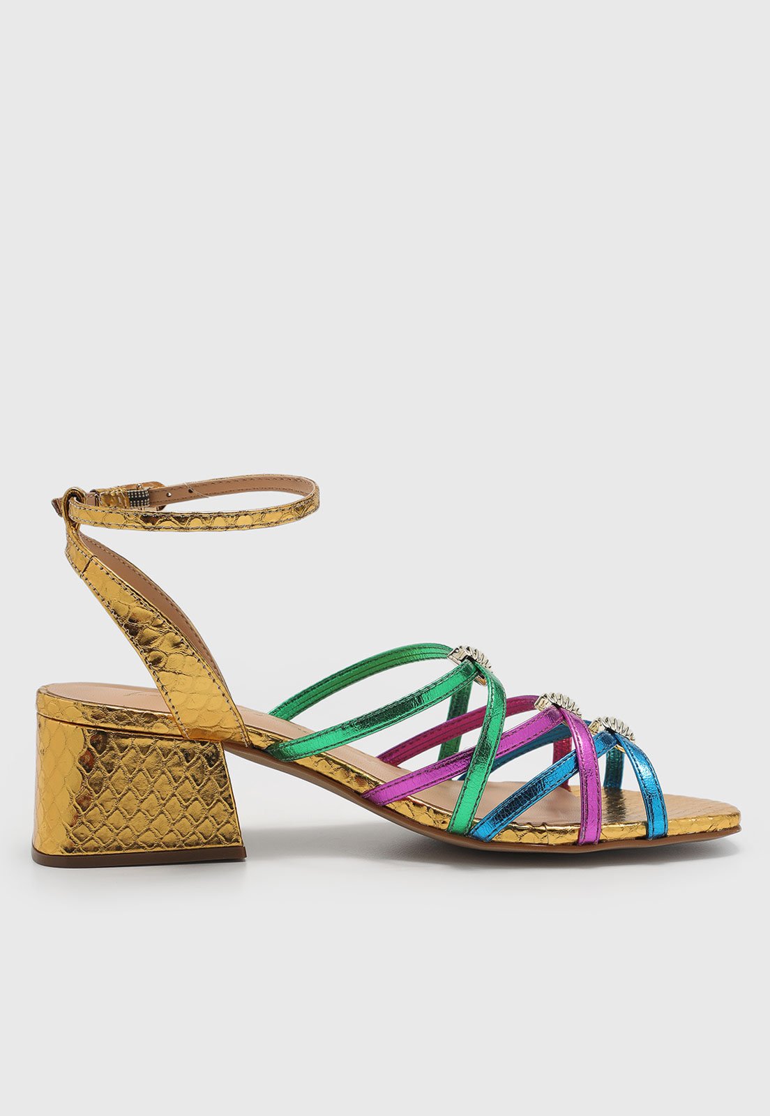 Vista 3 Sandália Feminina Luiza Barcelos Salto Bloco Tiras Metalizadas Multicoloridas Dourada dourado Luiza Barcelos dourado