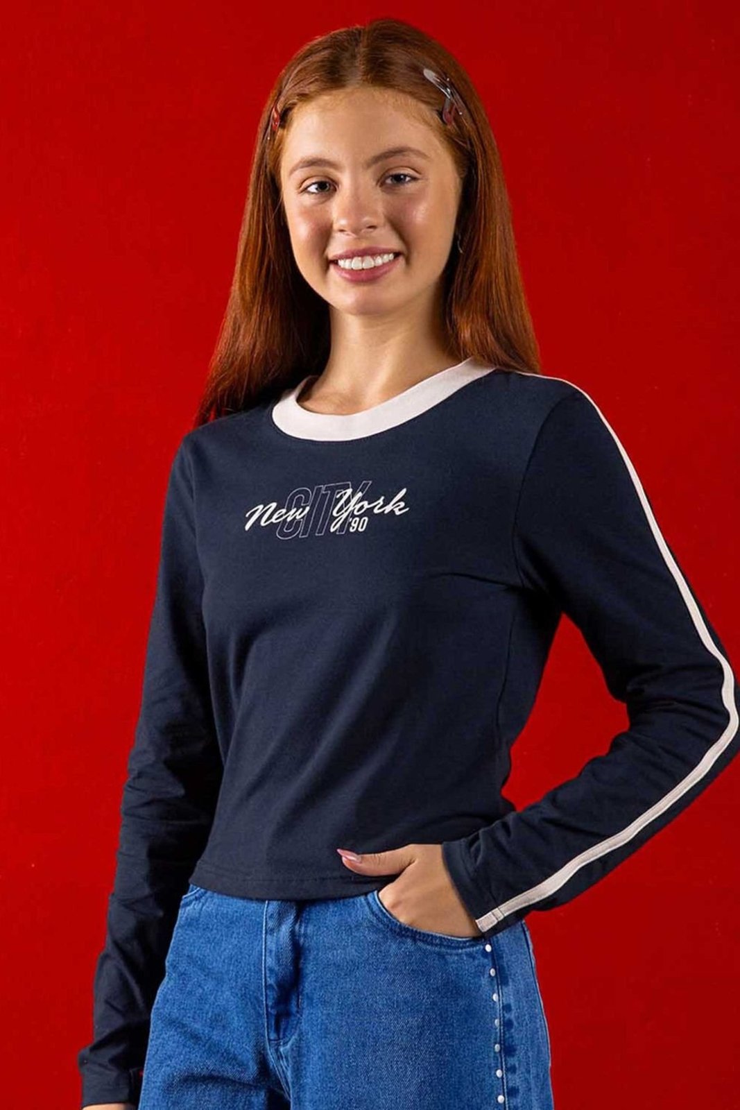 Infantil - Blusa Juvenil Menina Manga Longa Contraste Beats Azul