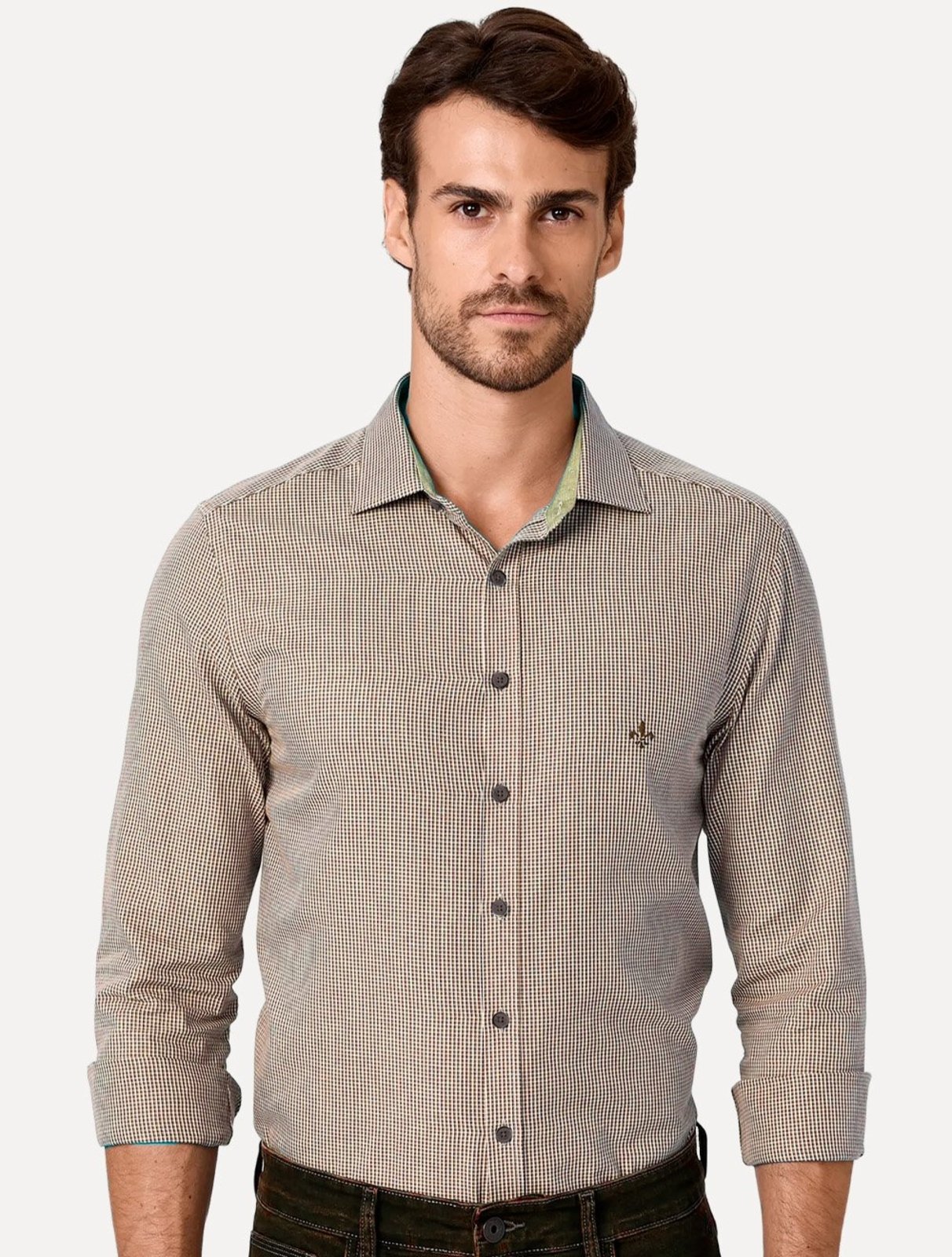 Camisa Dudalina Masculina Milano Superfine Cotton Micro Vichy Marrom Médio