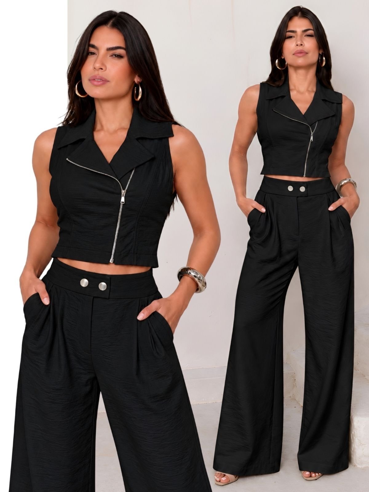 Conjunto Feminino Alfaiataria Colete com Zíper e Calça Pantalona Feminino - Preto