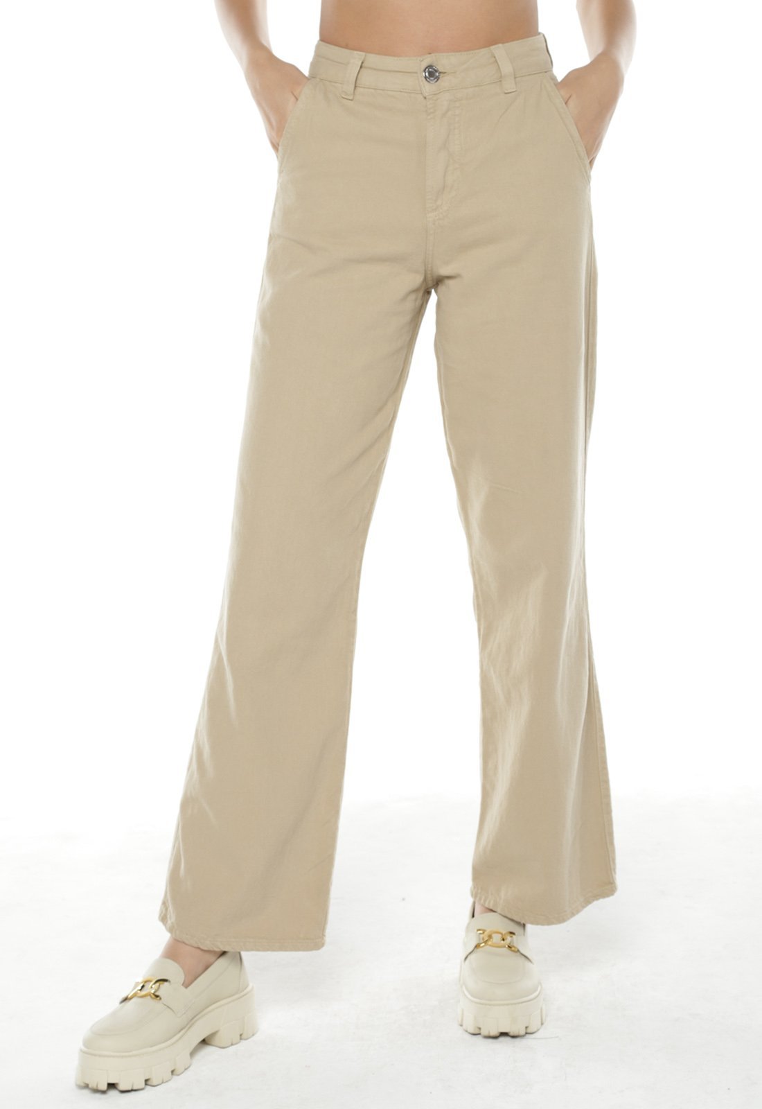 Calça Feminina Wide Leg de Sarja Sob Bege