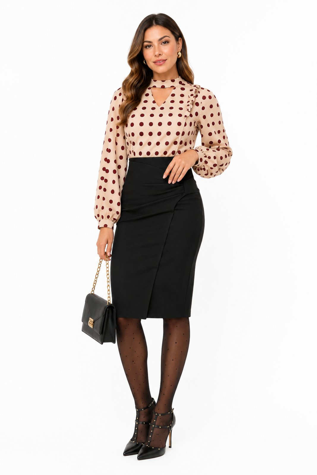 Blusa Manga Longa Feminina D Bell Outlet Fashion Poá Bege