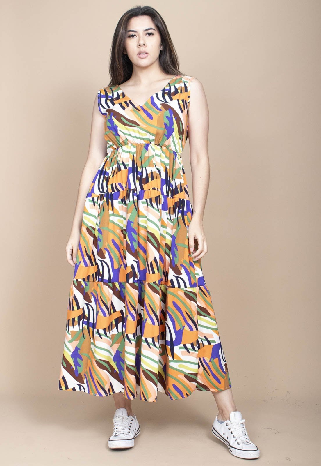 Vista 2 Vestido Cabanafree Regata Longo Peri Viscose Camadas Estampa Cores Vibrante Cabanafree azul/estampado/laranja/verde