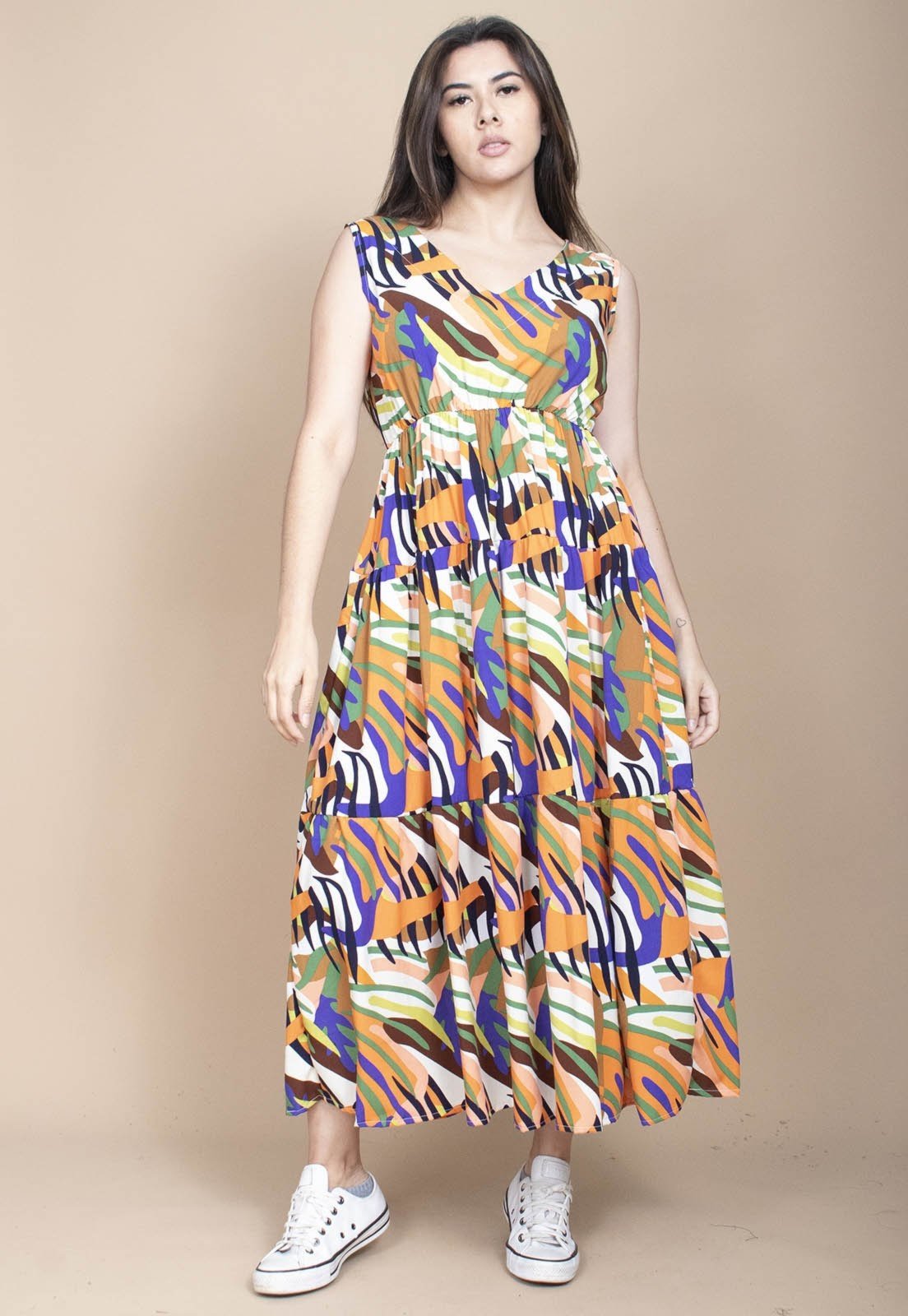 Vista 3 Vestido Cabanafree Regata Longo Peri Viscose Camadas Estampa Cores Vibrante Cabanafree azul/estampado/laranja/verde