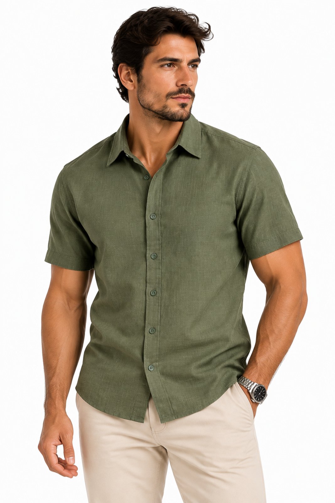 Camisa Social Masculina D Bell Outlet Fashion Linho Verde Oliva