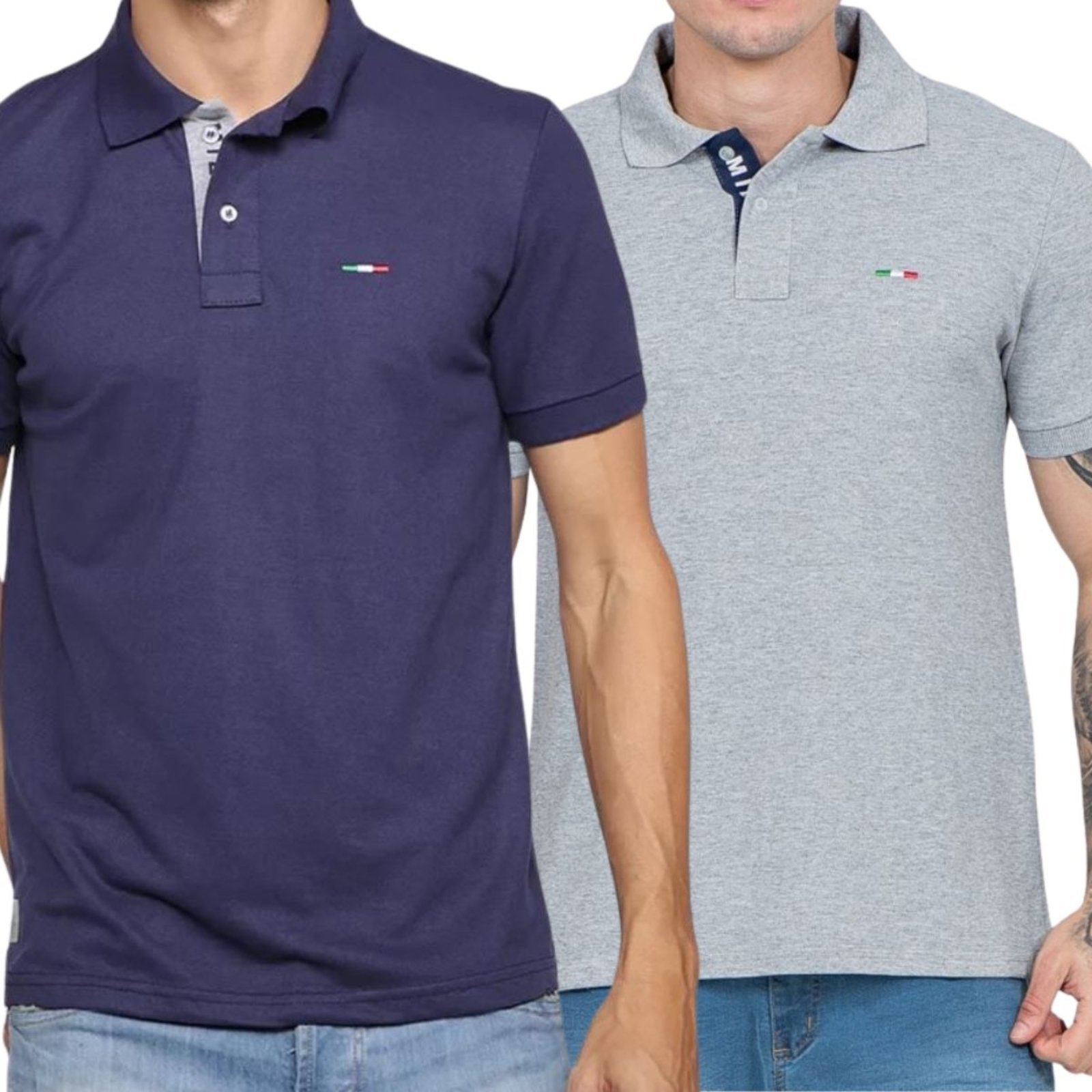Vista 2 Kit 2 Polos Masculina Básicas FMF Piquet no Estilo Tommy Bordado Itália Marinho Cinza multicolorido FMF multicolorido
