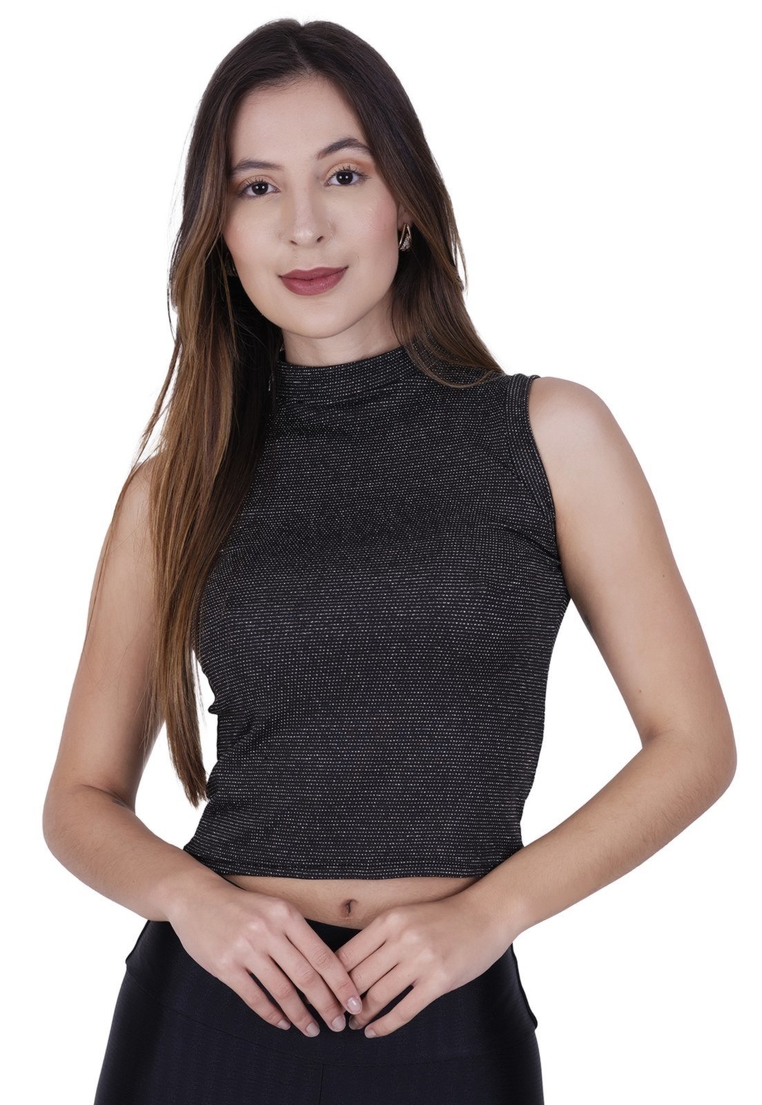 Croped De Lurex Regata Preto Toda Casual