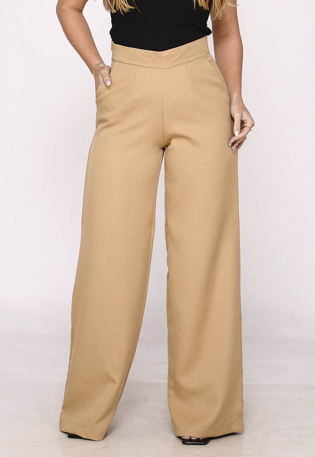 Calça Social Macaw Feminina Pantalona Cintura Alta Elegância e Conforto Bege