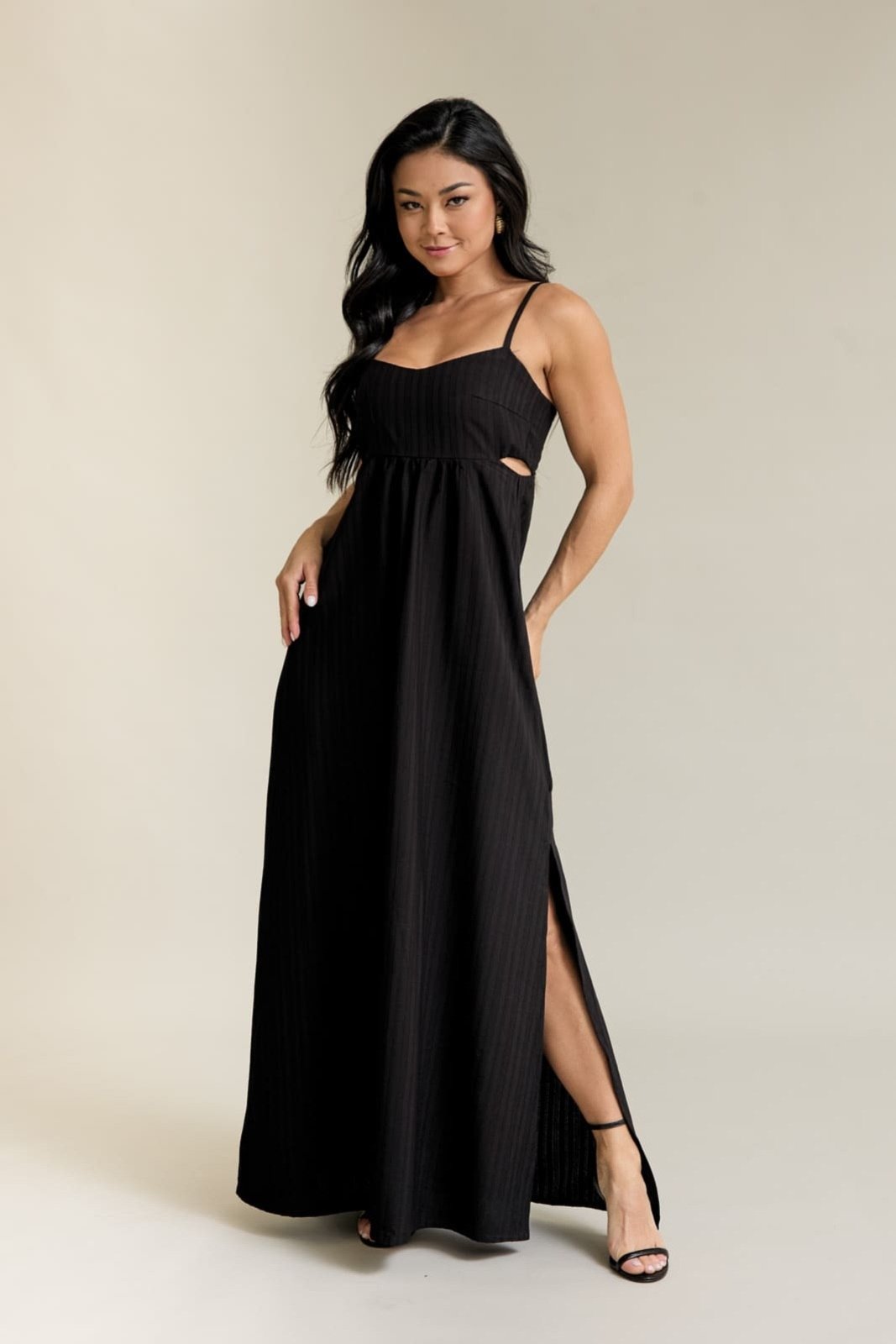 Vestido Em Viscose Feminino Texturizado Com Alças Dialogo Preto