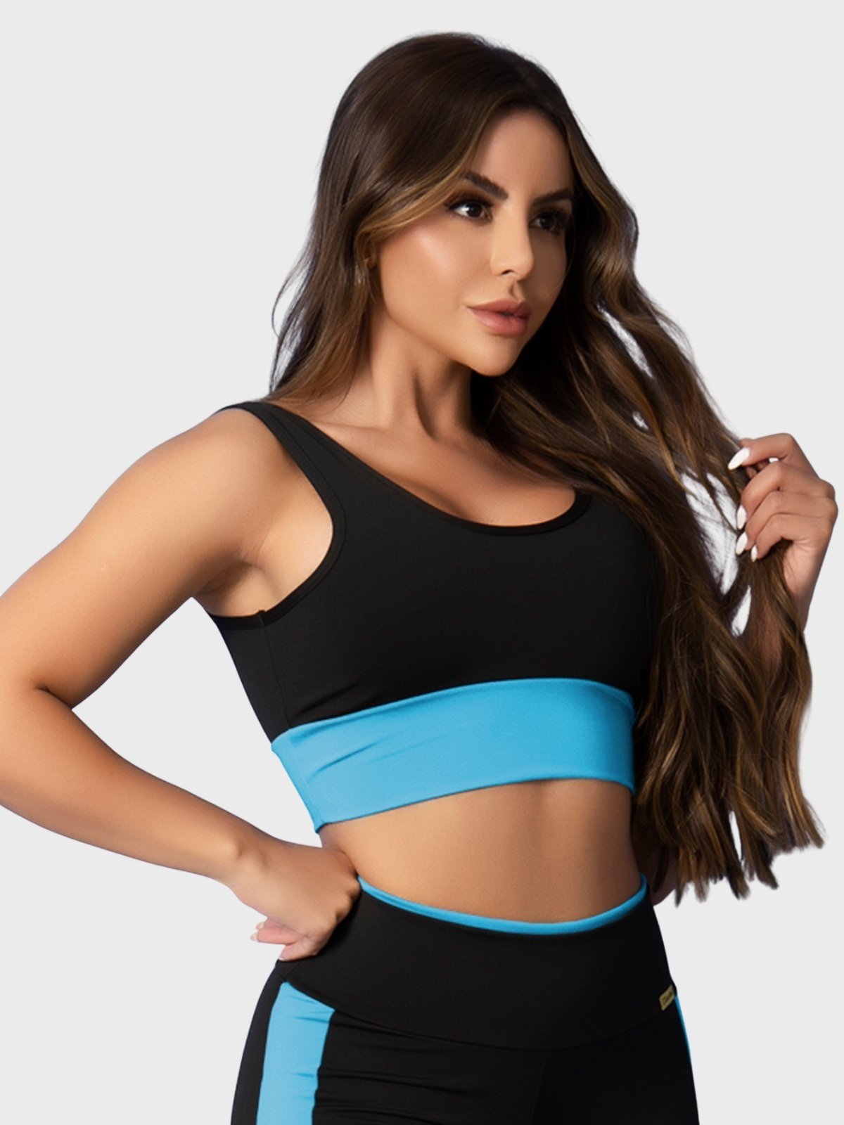 Top Fitness Tarelles Alça Larga Forrado Preto e Azul Céu