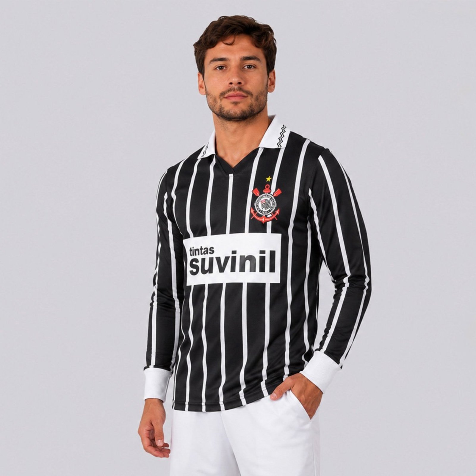 Camisa Corinthians Retrô Suvinil Manga Longa Preta
