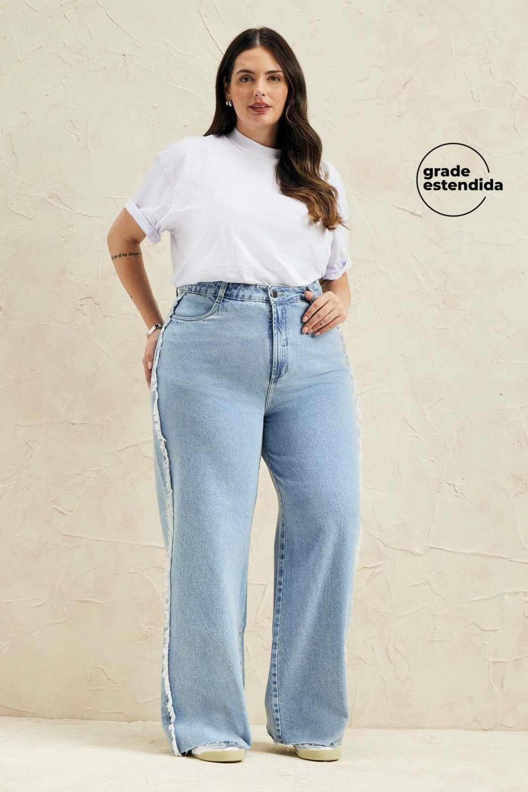 Calça Feminina Wide Leg Franja Jeans Marialícia Azul