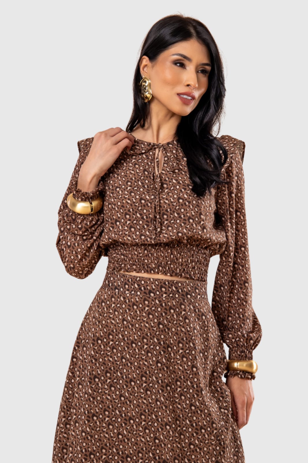 Blusa Feminina Amora Café com Lastex Animal Print Marrom