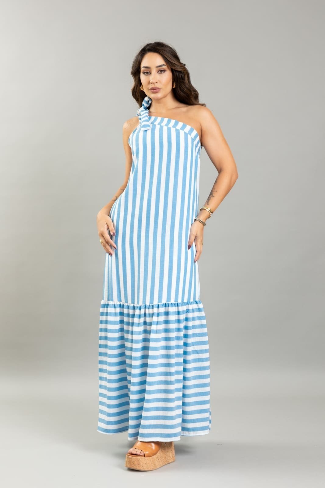 Vestido Lemier Alça Única Feminino Longo Listrado Azul