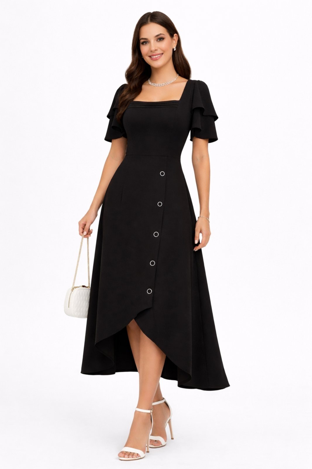 Vestido Midi D Bell Outlet Fashion Manga Babado Preto