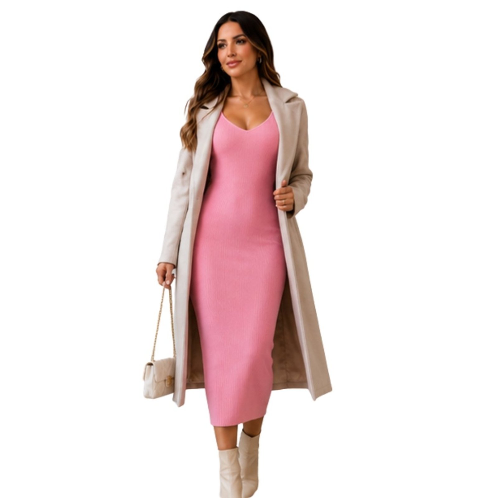 Vestido Modal Feminino Midi Canelado Tricô Inverno Elegante Rosa