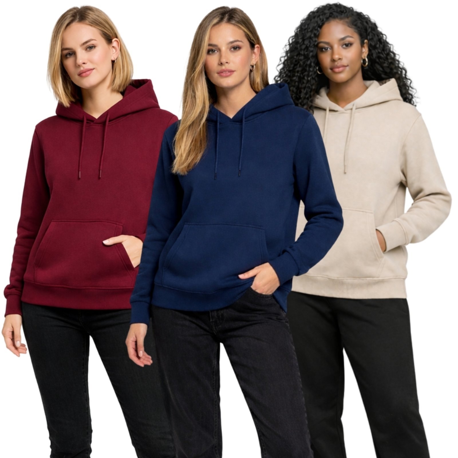 Kit 3 Blusa de Frio Moletom Liso Colorido Feminino Relaxado Com Capuz E Bolso Canguru Estampado Siri2