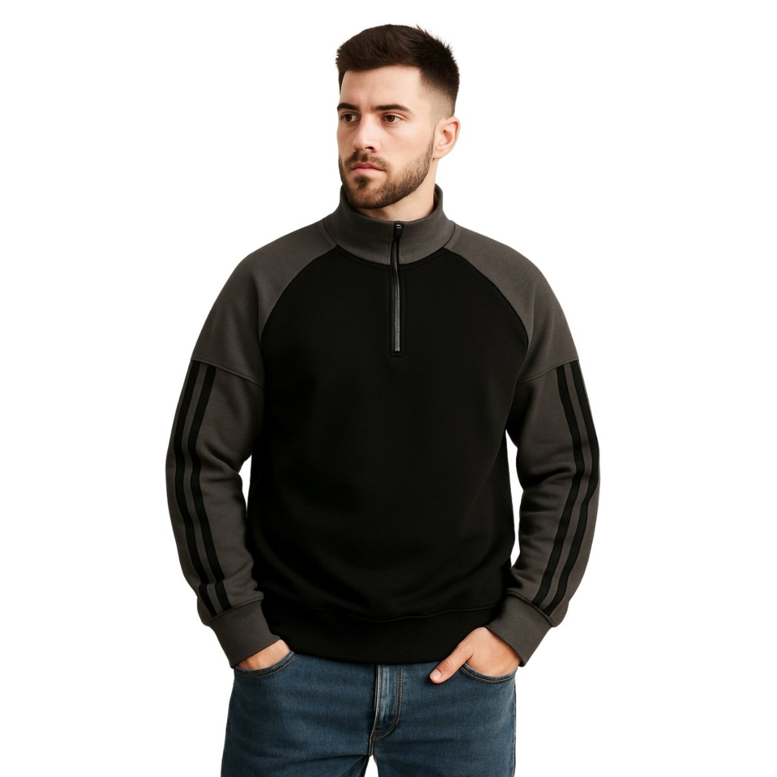 Moletom Half-Zip Duas Cores Casaco Liso Macio Quente