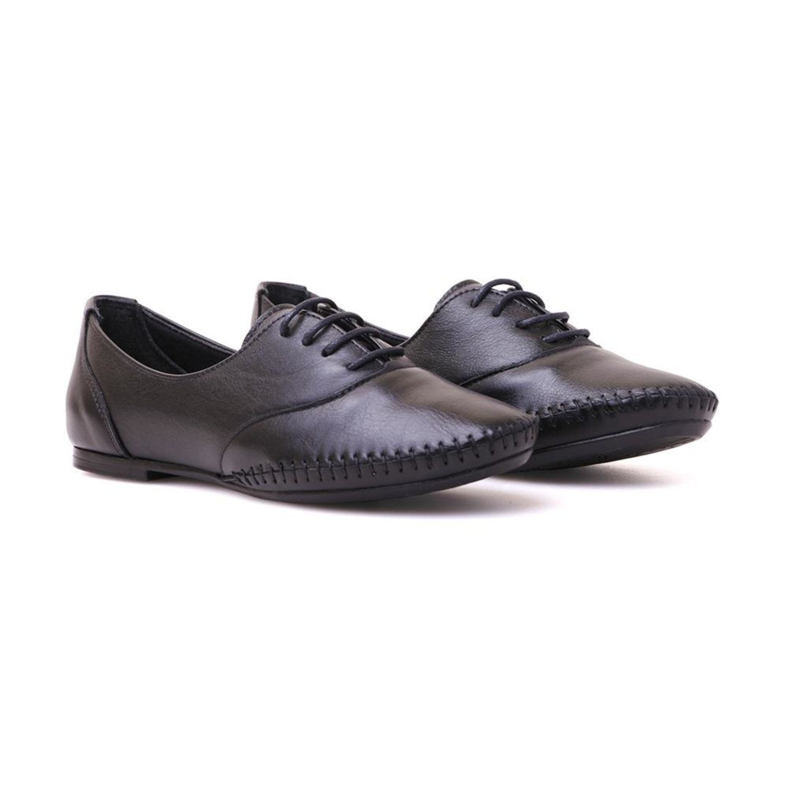 Sapato Social Feminino Oxford Couro Costura Cadarço Casual
