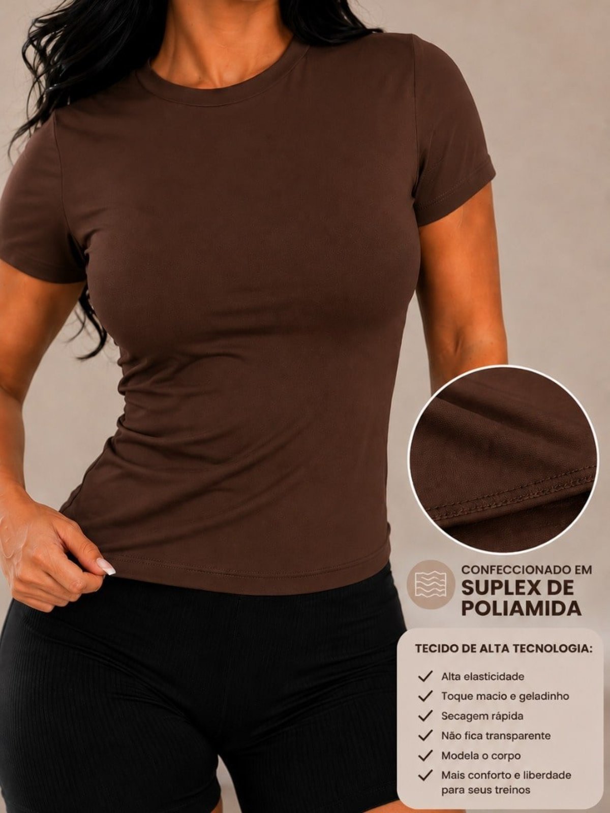 Camiseta Baby Look Feminina Suplex De Poliamida Fitness Treino Lisa Básica Elegante com Manga Curta Marrom